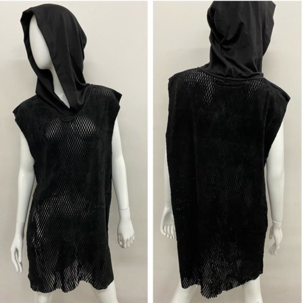 WIDOW black ventilated suede leather sleeveless hooded long tunic  S, NWT